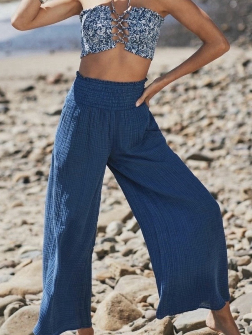 Anthropologie Daily Practice Pants S Wide Leg Smocked High Waist Gauze Blue Boho